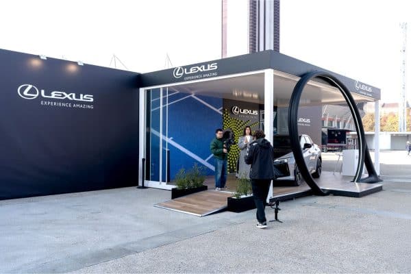 Lexus exhibition booth at T-Box event with modern design and branding.